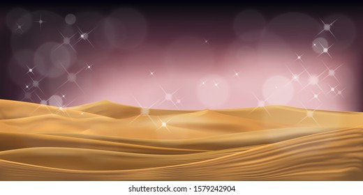 Vector illustration of desert panorama landscape with sand dunes at night, Minimalist panoramic cartoon nature empty sand with blurry bokeh in purple colour, Ideas for ramadan background