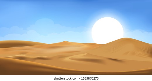 Vector illustration of desert panorama landscape with sand dunes on very hot sunny day summer, Minimalist panoramic cartoon nature empty sand and sun with clean sky.