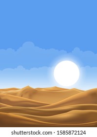 Vector illustration of desert panorama landscape with sand dunes on very hot sunny day summer, Minimalist panoramic cartoon nature empty sand and sun with clean sky.