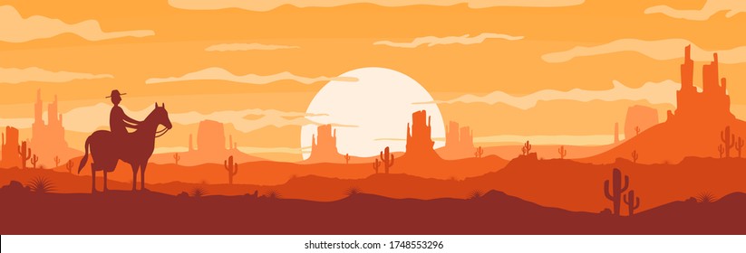 Vector illustration of desert panoramic sunset with mountain view, cowboy and cactus in flat cartoon style.