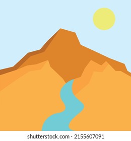 Vector illustration of desert and river. Minimalist landscape cartoon. Wall decor, poster, card, brochure, flyer and other.