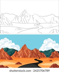 Vector illustration of a desert road and mountain range.