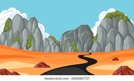 Vektor-Illustration einer Wüstenstraße mit Bergen.