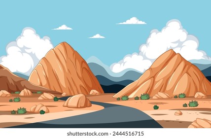 Vector illustration of a desert road with mountains.