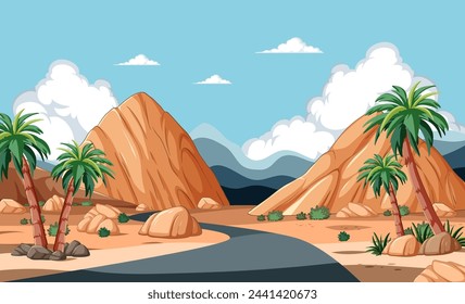 Vector illustration of a desert road with palm trees