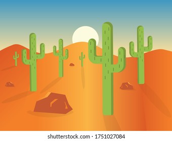 Vector illustration of desert with sand cactus and rocks, sunset