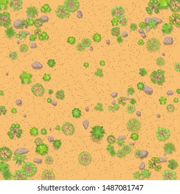 Vector illustration. Desert with sand, stones and trees. Top view.