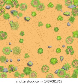 Vector illustration. Desert with sand, stones and trees. Top view.
