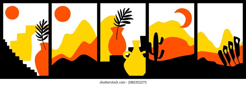 Vector illustration of the desert. Sandy desert. Silhouette icon logo icon of hills, dunes. Mexico, Africa, Arizona. Exotic cacti in the desert. Sand. The sun is over the sands. African culture. Egypt