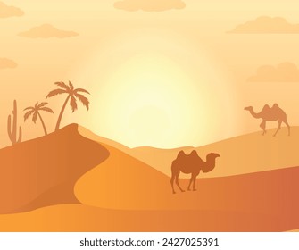 A vector illustration of a desert scene in the hot sun.