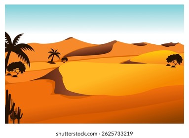 Vektorgrafik der Wüstenlandschaft mit Palmen und Sanddünen. geeignet für Hintergrund und Wanddekoration