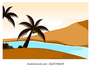 Vector illustration of Desert Scenery with Palm Trees and Calm River. Suitable for background, poster, wall decoration, advertisement, banner.