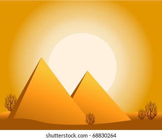 vector illustration of a desert with sun, pyramids, bushes.