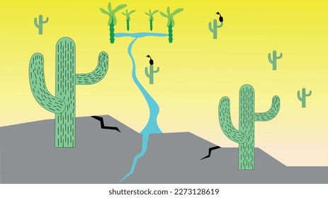 Vector illustration. Desert illustration. Two cacti on a rock in front. In the background a desert with an oasis and palm trees. A scavenger sitting on a cactus. Nature, desert.