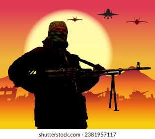 Vector illustration of a desert warrior. City background in the desert under the hot sun.