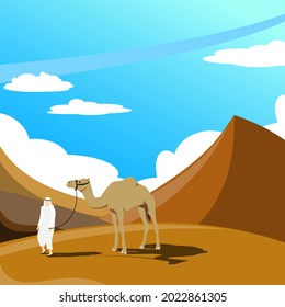 vector illustration of the desert where there is a man with a camel walking through the desert