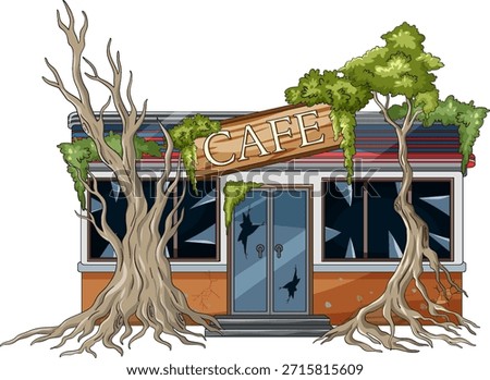 Vector illustration of deserted cafe exterior with broken windows, leaning signboard, and encroaching trees