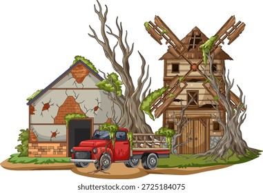 Ilustração vetorial de fazenda abandonada, moinho de vento e caminhão enferrujado tomado por árvores torcidas