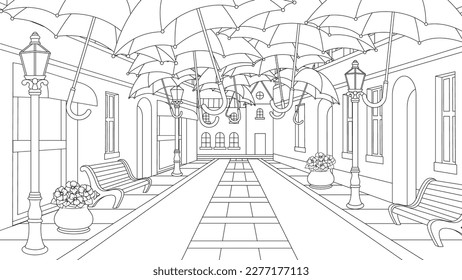 Vector illustration, deserted narrow street with flying umbrellas, book coloring.