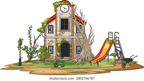 Vector illustration of deserted playground beside decaying clock tower house overrun with vegetation