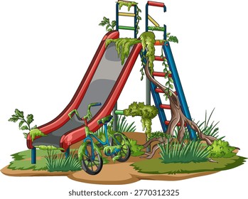 Vector illustration of a deserted playground slide, overgrown with plants, vibrant colors, detailed style