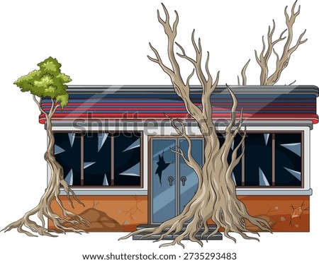 Vector illustration of deserted roadside diner with shattered windows and encroaching tree roots on facade