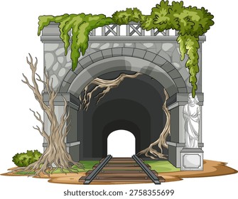 Vector illustration of deserted stone railway tunnel with overgrown vegetation, dead trees, and statue