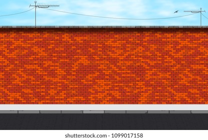 Vector illustration of deserted street on red brick wall background. Daytime urban landscape.