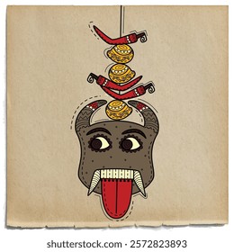 vector illustration of desi (indian) art style hanging lemon and chilies.
