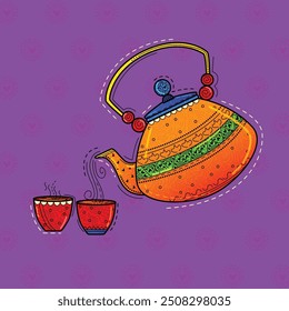 vector illustration of desi (indian) style tea kettle and glass.