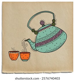 vector illustration of desi (indian) style tea kettle and glass.
