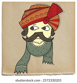 vector illustration of desi retro (Indian) art style Indian mustache man.