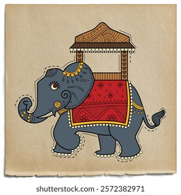 vector illustration of desi retro (Indian) art style Indian ambari elephant.