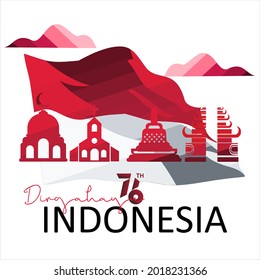 Vector illustration design of the 76th Independence Day of the Republic of Indonesia. with icons of several kinds of places of worship in Indonesia. on a white background. (Indonesian translation: Ind