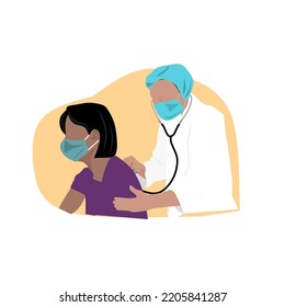 Ilustración vectorial o diseño del adoctor ocupado en el diagnóstico de su paciente con estetoscopio 
