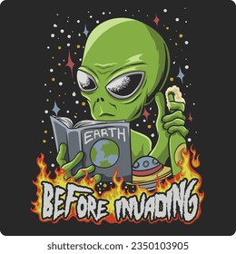 vector illustration design of aliens reading a book about earth before attacking earth