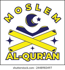 vector illustration design of Al-Qur'an moeslem with the Al-Qur'an and star moon prayer beads in yellow and blue in a simple style. suitable for logos, icons, posters, advertisements, banners.
