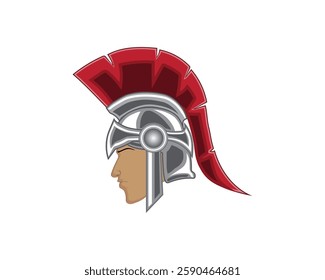 vector illustration design of an ancient soldier wearing a helmet made of iron with red feathers on the top, similar to the helmet of a Spartan or Roman soldier