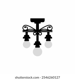 Vector illustration design of antique chandelier silhouette with ornate details and three light bulbs. Ideal for interior design, lighting or classic decoration themes.