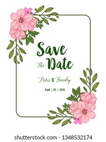 Vector illustration design artwork pink flower frames blooms with save the date card hand drawn