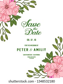 Vector illustration design artwork pink flower frames blooms with save the date card hand drawn