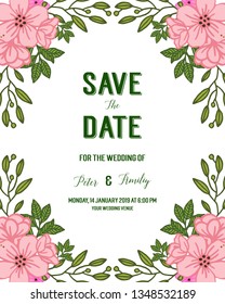 Vector illustration design artwork pink flower frames blooms with save the date card hand drawn