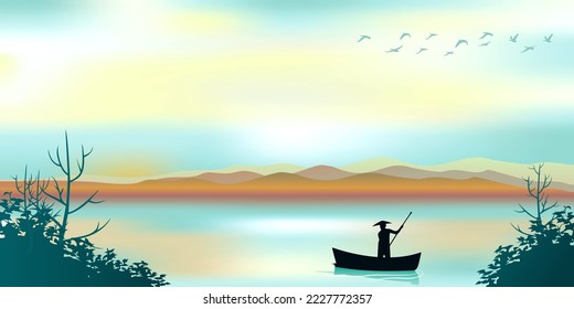 vector illustration design of asian fisherman on a boat in the middle of the sea looking for fish. the beauty of the natural panorama of the high seas