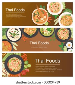 vector illustration Design of Asian food,Thai food banner, top view , horizontal, realistic, template 