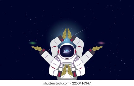 Vektorgrafik-Design von Astronauten, die Yoga oder Meditation im Weltraum betreiben. abstraktes Weltraum-Hintergrundkonzept, Astronautenanzug, Sterne und Planeten einzeln auf dunklem Hintergrund