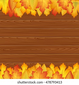 vector illustration. design autumn poster. Yellow, orange leaves on a wooden texture, frame for text.