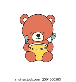  Vector illustration design. illustration of baby bear taking a bath in a blue bathtub, baby bear eat soup