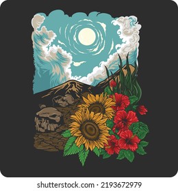 vector illustration design background beautiful scenery of beautiful mountains and sunflowers over the blue sky