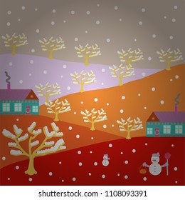 Vector illustration. For design background. A fairytale village with bright houses and trees, hills, mountans, snowman. Panorama on red, beige, neutral, white and orange colors.