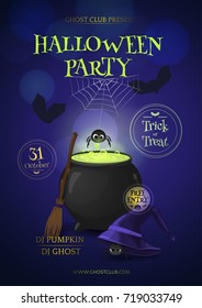 Vector illustration for design banners and posters for Halloween party with cartoon witch's hat, broom, cauldron, spiders and silhouette of bats.
